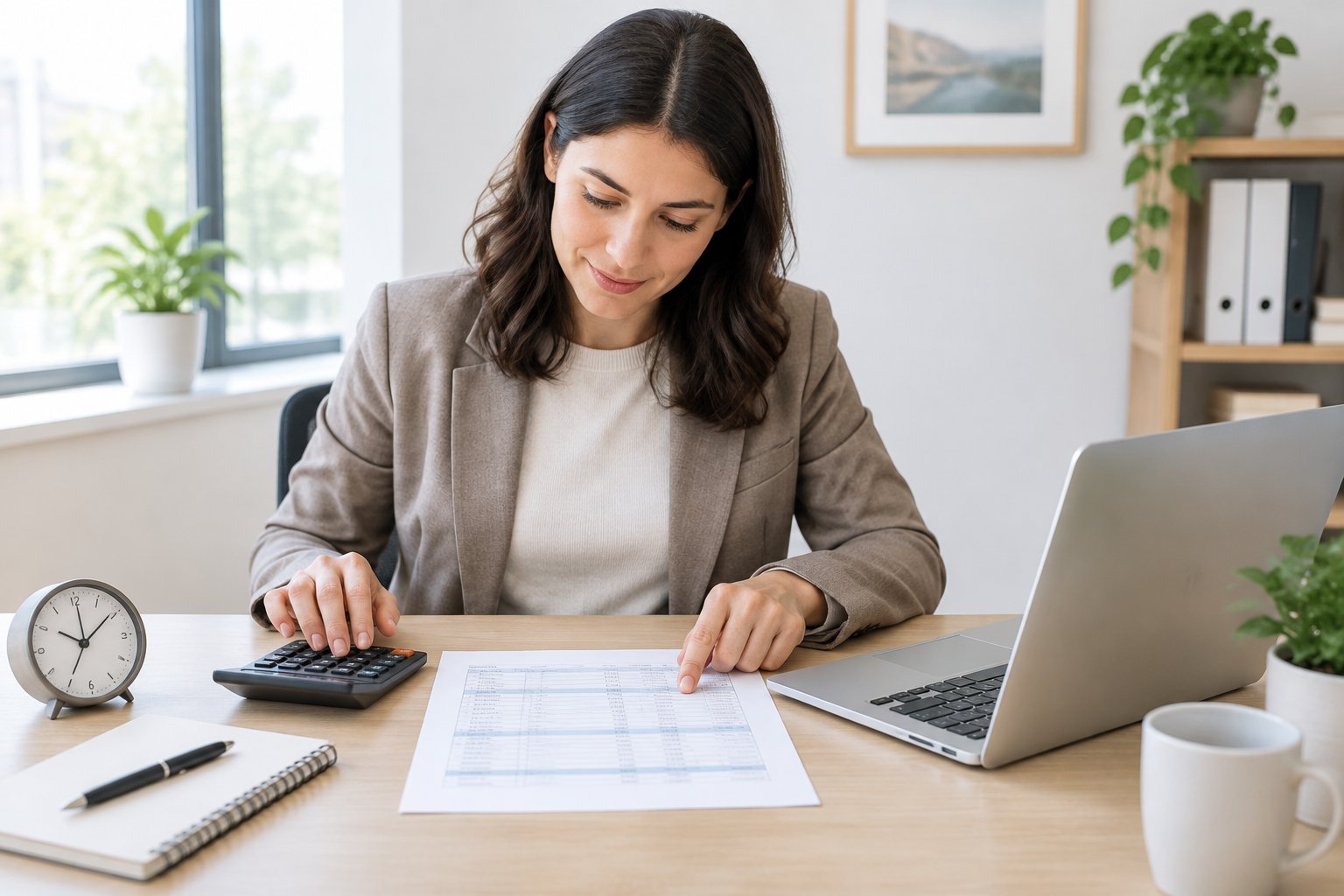 An employee checks a timesheet beside a laptop, calculator, and clock.